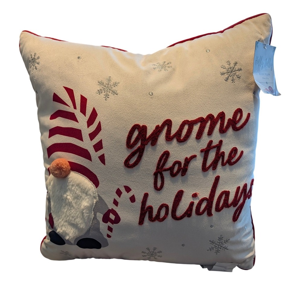 Holly Jolly Gnome For The Holidays Christmas Accent Pillow 18x18 NWT Red Cream